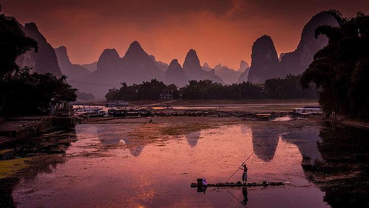 china, refleksi, sungai li, langit, fajar, pagi, sungai, air, guangxi, guilin, yangshuo, asia, Wallpaper HD