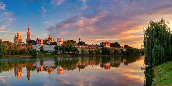 musim panas, langit, awan, cahaya, refleksi, kota, Moskow, Agustus, biara Novodevichy Bogoroditse-Smolensky, Wallpaper HD