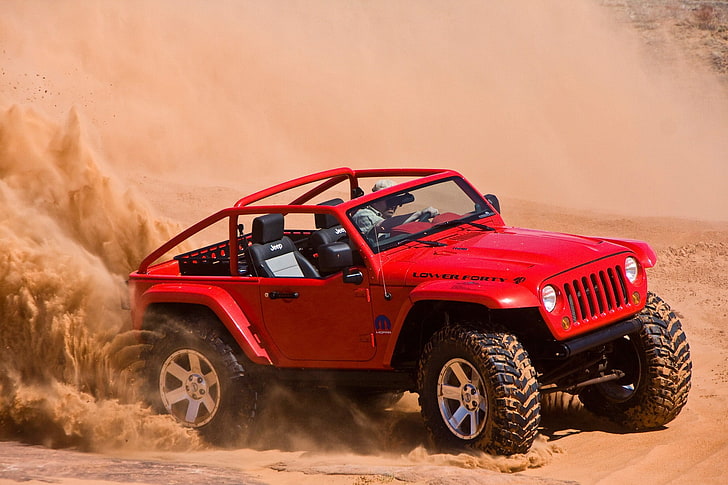 red and black Jeep Wrangler, Jeep, car, desert, HD wallpaper