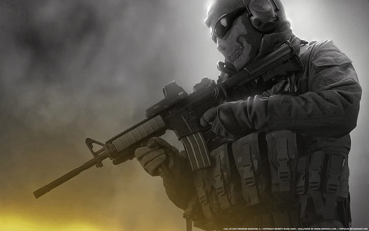 soldier digital wallpaper, skull, glasses, soldiers, machine, Ghost, Modern Warfare 2, call of duty, unloading, M16, Balaclava, HD wallpaper