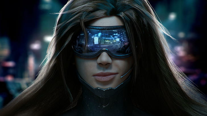 Mulher vestindo óculos de proteção cibernética, armadura, obras de arte, cyber, cyberpunk, óculos de pulso, ficção científica, mulheres, HD papel de parede