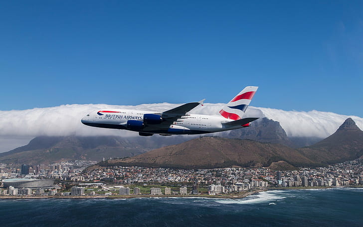 380, 861, A380, Airbus, Airbus A, aircraft, airplane, Cape Town, city, HD wallpaper