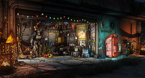 The game, Christmas, New year, Weapons, Decoration, Garage, Holiday, Fallout, Art, Tree, Toys, Bethesda, Bethesda Game Studios, Fallout 4, Brotherhood of Steel, Vault Boy, Vault-TEC, Vault Tec, Vault-Boy, Boltyboy, The Brotherhood Of Steel, by Digital Frontiers, Digital Frontiers, Fallout 4 Christmas, HD wallpaper HD wallpaper