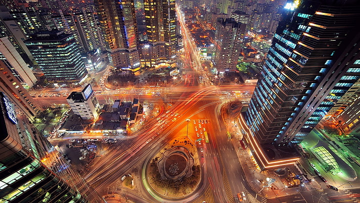 kota, jalan raya, titik-temu, lanskap, Jalur Cahaya, Eksposur Panjang, malam, jalan, Seoul, Wallpaper HD