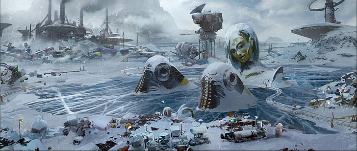 Guardianes de la galaxia vol.2, arte conceptual, Contraxia, estatua, nieve, mirando al espectador, lago, ciencia ficción, ferrocarril, Fondo de pantalla HD