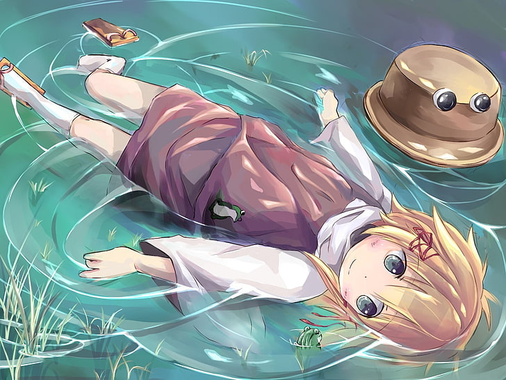 Ilustración de anime de pelo amarillo, niña, sombrero, agua, rana,  naturaleza, Fondo de pantalla HD | Wallpaperbetter