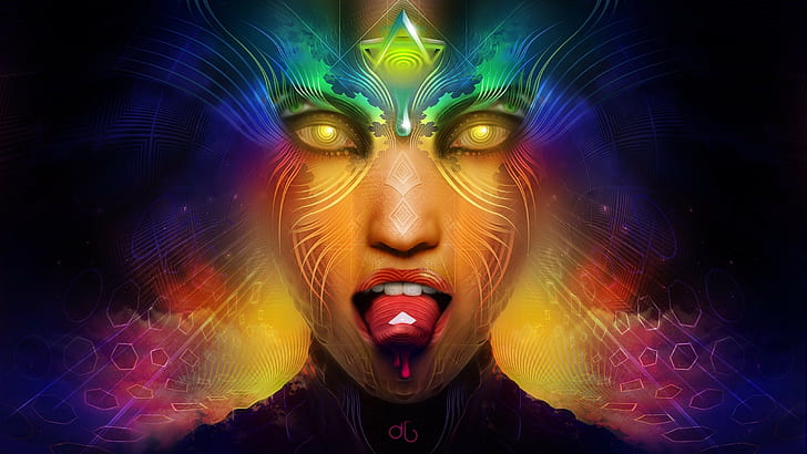 anime lsd women psychedelic abstract colorful tongues, HD wallpaper