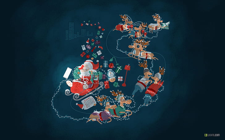 Santa Claus, December, Lights, Reindeers, HD wallpaper