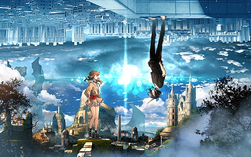 аниме мир, вверх ногами, два измерения, аниме девочка и мальчик, аниме, HD обои HD wallpaper