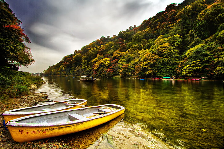 two brown canoes, the sky, trees, river, shore, two, boats, Forest, grey, HD wallpaper