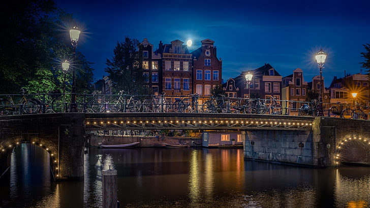 bridge with lights, landscape, nature, Amsterdam, bridge, lights, lantern, canal, Moon, trees, building, house, urban, bicycle, evening, water, HD wallpaper