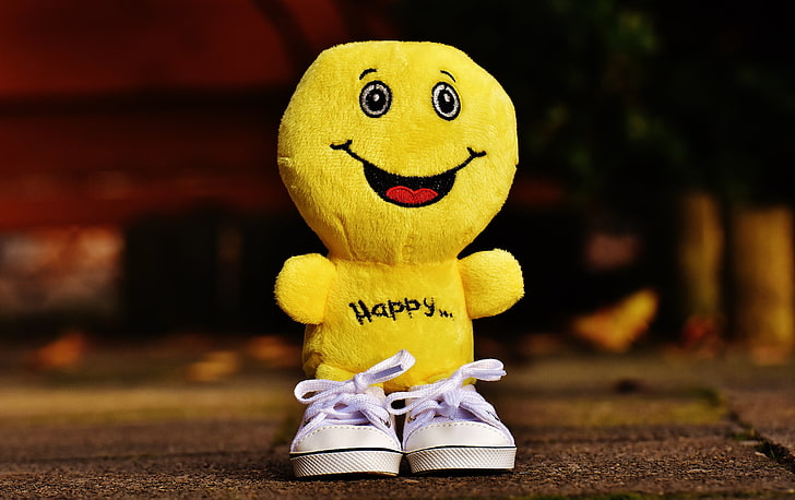 amarillo feliz felpa juguete, sonrisa, felicidad, juguete, Fondo de pantalla HD