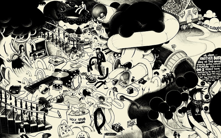 черно-белый рисунок, МакБесс, монохромный, психоделический, произведение искусства, аннотация, сюрреалистический, наркотики, HD обои