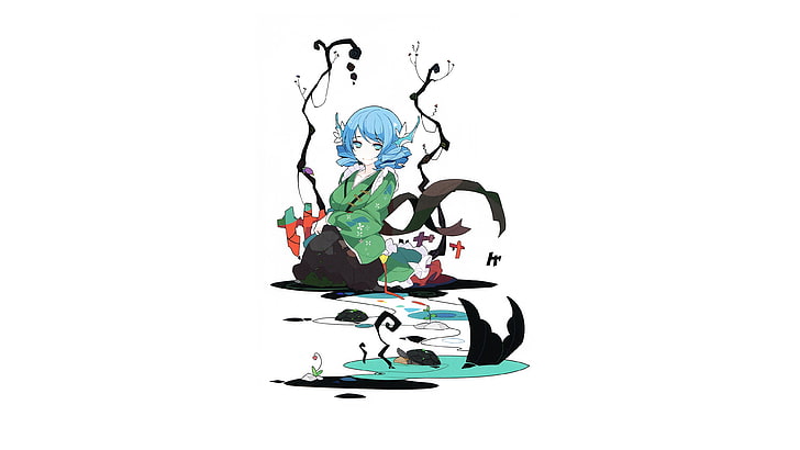 female anime character, Touhou, Wakasagihime, blue hair, blue eyes, mermaids, turtle, water, HD wallpaper