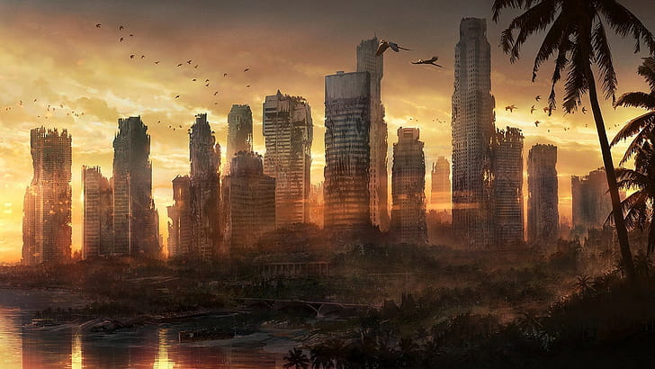 apocalyptic, ruin, cityscape, abandoned, forest, dead city, city, sunset, HD wallpaper
