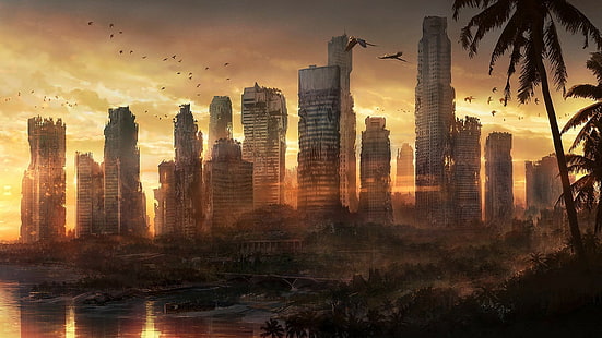 apokalyptisk, ruin, stadsbild, övergiven, skog, död stad, stad, solnedgång, HD tapet HD wallpaper