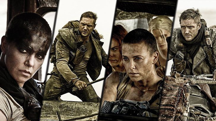 Tom Hardy, Charlize Theron, Mad Max, Mad Max: Fury Road, pria, wanita, aktris, aktor, film, kolase, Wallpaper HD