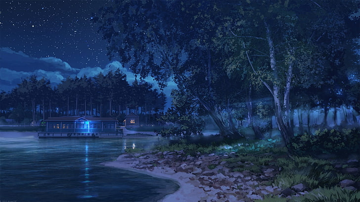 lukisan pantai, anime, malam, air, langit, bintang, Wallpaper HD