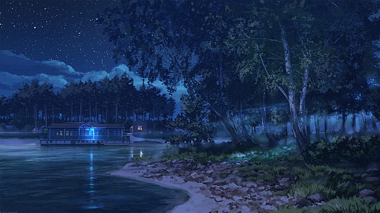 pintura de la orilla del mar, anime, noche, agua, cielo, estrellas, Fondo de pantalla HD HD wallpaper