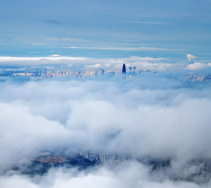 awan putih, awan, gedung pencakar langit, Wallpaper HD