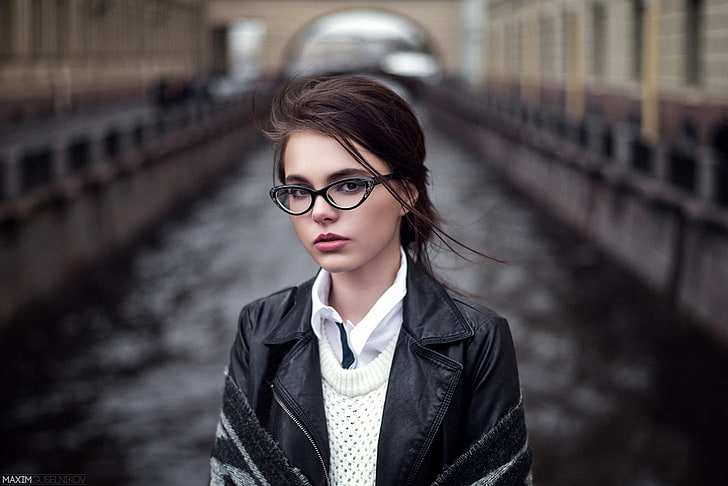 women's black and white top, woman in black leather jacket, women, brunette, glasses, women with glasses, blurred, Maxim Guselnikov, women outdoors, depth of field, St. Petersburg, Oktyabrina Maximova, nerds, long hair, looking at viewer, Asian, Asian Kung-Fu Generation, HD wallpaper