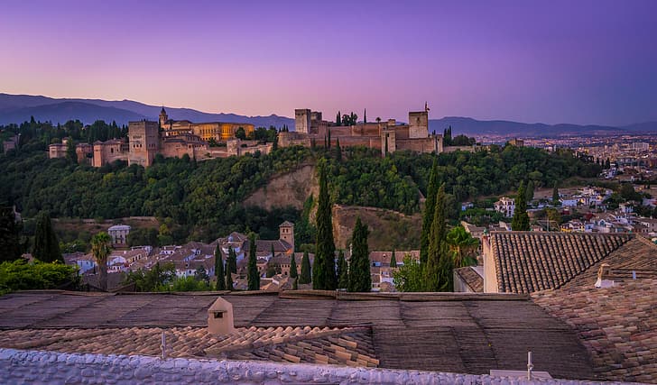 landscape, mountains, nature, the city, home, the evening, fortress, Spain, Palace, Granada, Alhambra, HD wallpaper