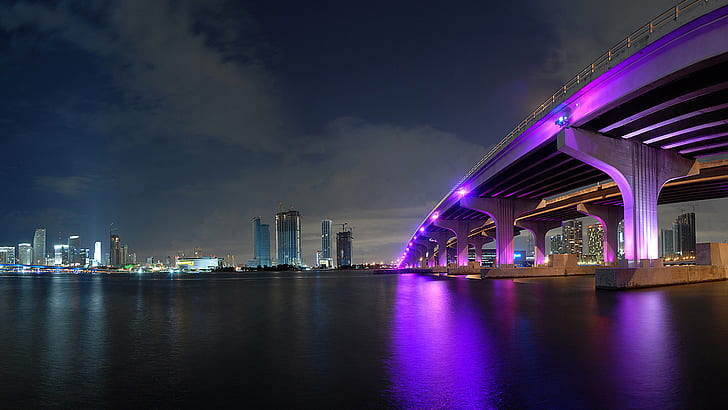 Miami City HD ، صورة جسر أرجواني خرساني ، عالم ، مدينة ، سفر ، سفر وعالم ، ميامي، خلفية HD