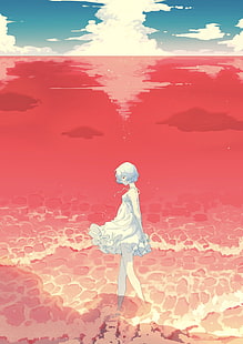 Neon Genesis Evangelion, аниме девушки, синие волосы, белое платье, красные глаза, Ayanami Rei, короткие волосы, цифровое искусство, HD обои HD wallpaper