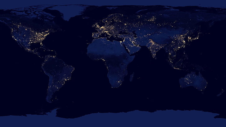 världskarta, jord, karta, kontinent, natt, stadsljus, kontinenter, värld, världskarta, mörker, rymd, HD tapet