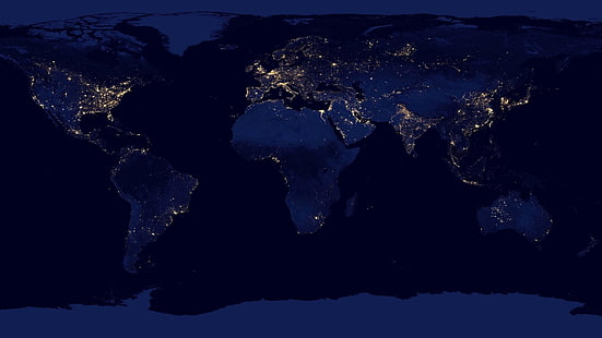 worldmap, earth, map, continent, night, city lights, continents, world, world map, darkness, space, HD wallpaper HD wallpaper