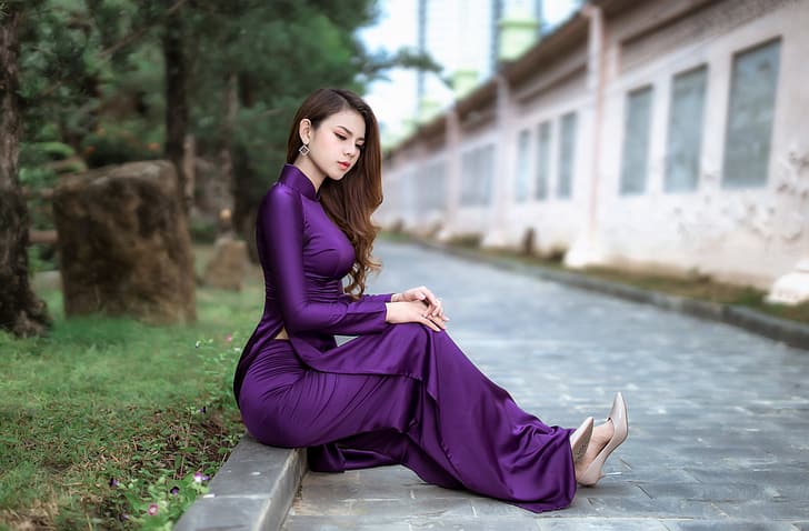 women, áo dài, purple dress, vietnamese, depth of field, trees, Asian, HD wallpaper