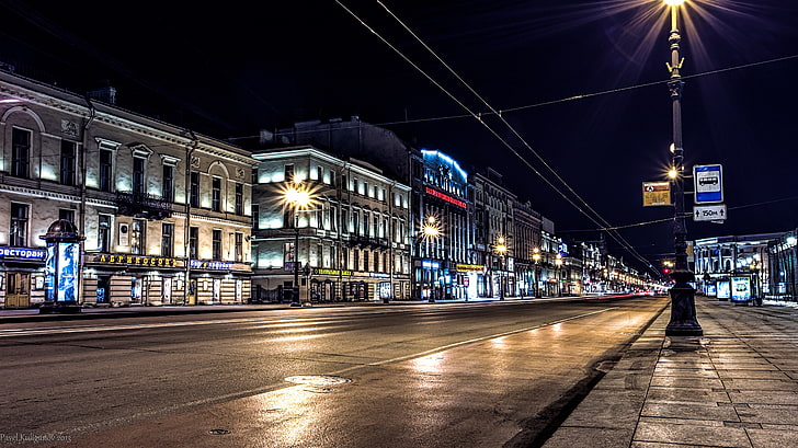 black lamp post, road, night, lights, Russia, Peter, Saint Petersburg, St. Petersburg, Nevsky Prospekt, HD wallpaper