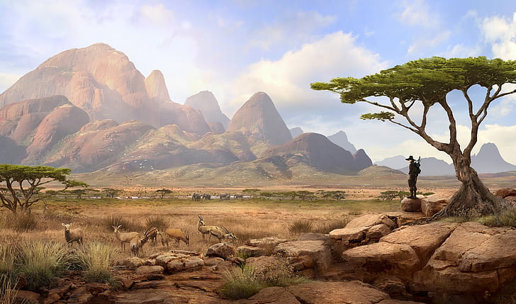 планини, пътешественик, Соломон Кейн, Африкански пейзаж, савана, HD тапет