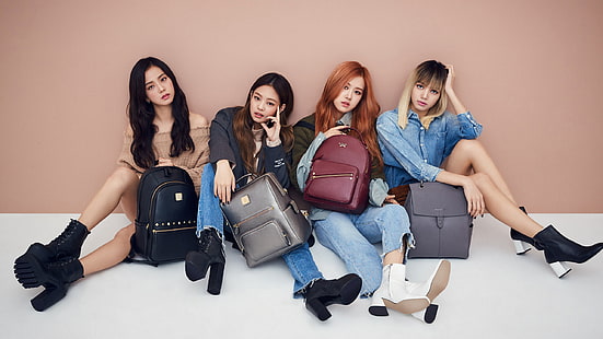 K-pop, korean women, Asian, BLACKPINK, Jisoo (BLACKPINK), Jennie (BLACKPINK), fashion, brunette, heels, sitting, backpacks, HD wallpaper HD wallpaper