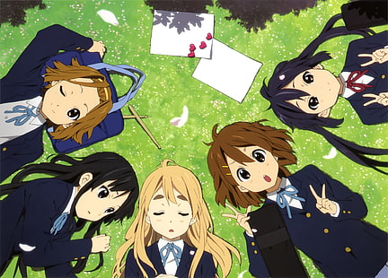 K-ON !, Nakano Azusa, Hirasawa Yui, Tainaka Ritsu, Kotobuki Tsumugi, Akiyama Mio, liggande, HD tapet HD wallpaper