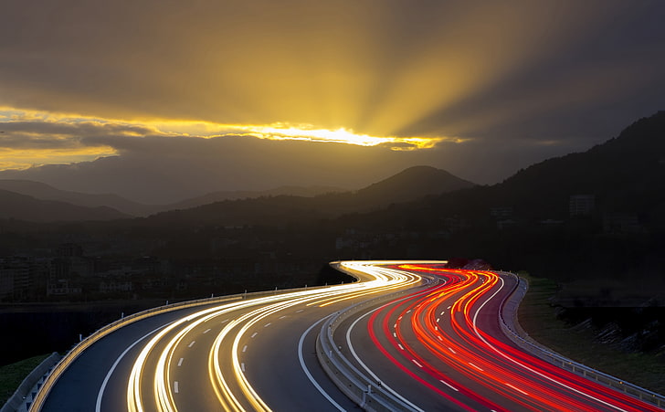 Highway Long Exposure Light Trails, time-lapse photography of passing cars on winding road during golden hour wallpaper, Nature, Landscape, Road, Highway, Trails, longexposure, mainroad, HD wallpaper