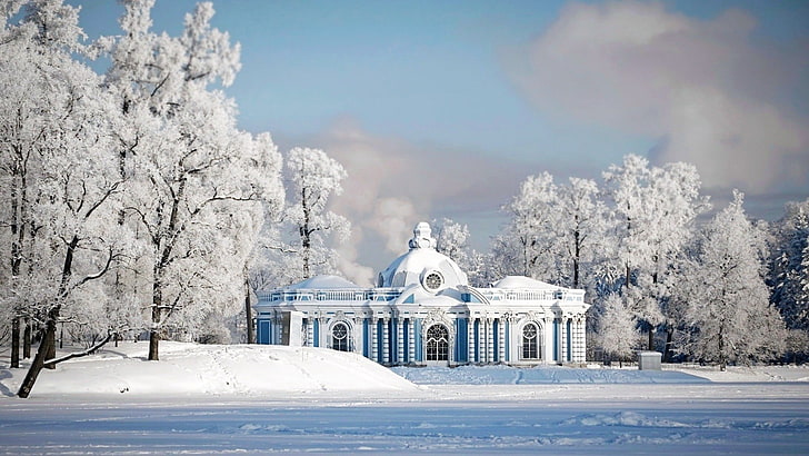 weißes konkretes Gebäude, Natur, Schnee, Winter, Stadt, Tempel, HD-Hintergrundbild