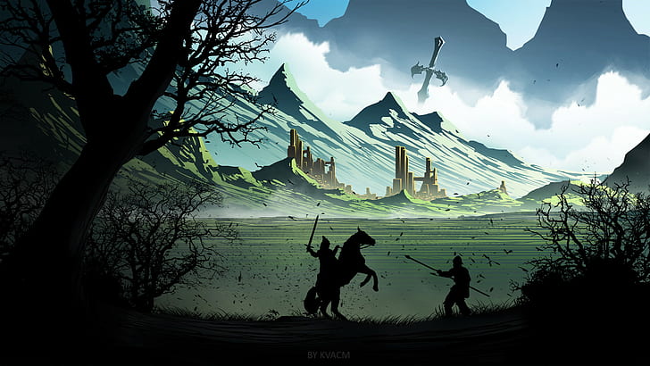 arte digital, paisaje, guerrero, espada, caballo, árboles, Kvacm, Fondo de pantalla HD