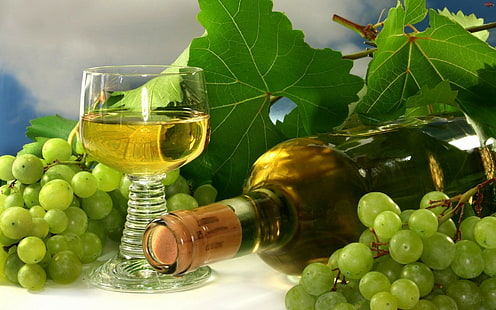 النبيذ والشراب والكحول والعنب والأوراق، خلفية HD HD wallpaper