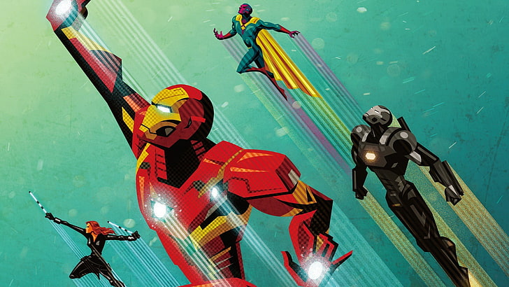 Marvel Iron-Man, War Machine, Vision i Black Widow ilustracja, Marvel Heroes, Captain America: Civil War, Tapety HD