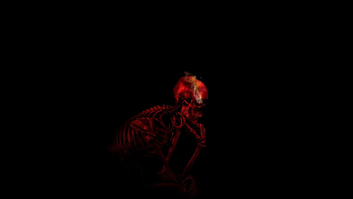 red skeleton digital wallpaper, digital art, skull, black background, minimalism, red, skeleton, smoke, thinking, bones, ribs, teeth, Auguste Rodin, imagination, HD wallpaper