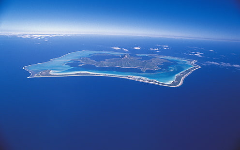 morze, wyspa, góry, horyzont, widok z lotu ptaka, atole, Tapety HD HD wallpaper