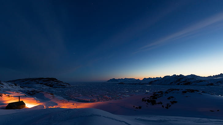 планини, сняг, лед, залез, Гренландия, Кулусук, природа, светлини, тъмно, небе, нощ, HD тапет