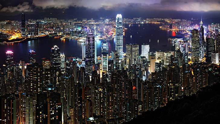 gedung pencakar langit, malam, kota, Pelabuhan Victoria, Hong Kong, Dua Pusat Keuangan Internasional, Menara Bank of China, Wallpaper HD
