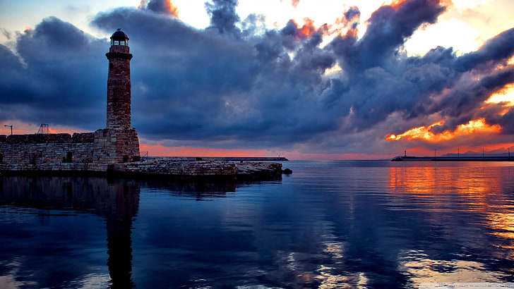 lighthouse, sunset, sky, coast, bay, cloudy, HD wallpaper