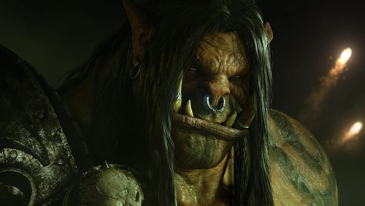 Grommash Hellscream ، شعر طويل ، حلقات أنف ، Orc ، Orcs ، ألعاب فيديو ، علب ، عالم علب، خلفية HD