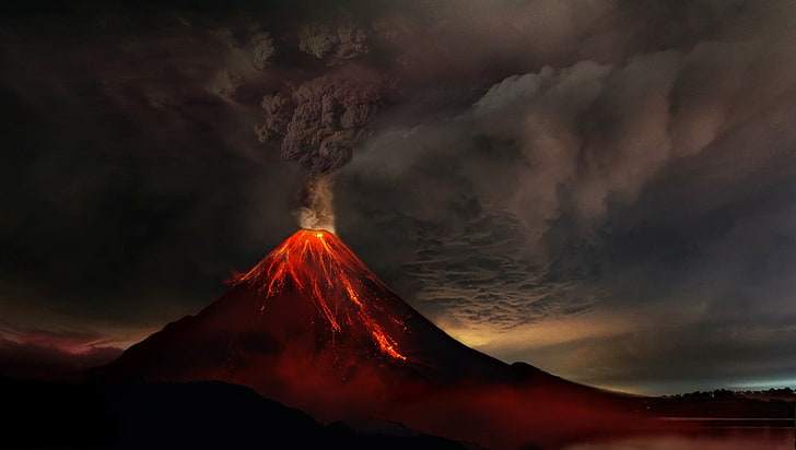 кафяв вулкан, дим, планина, вулканът, лава, изригването на вулкана, HD тапет