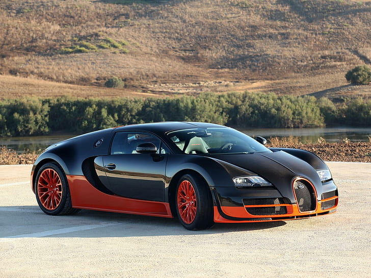 Bugatti Veyron Super Sport, black and orange bugatti sports car, veyron, super sport, bugatti, cars, HD wallpaper
