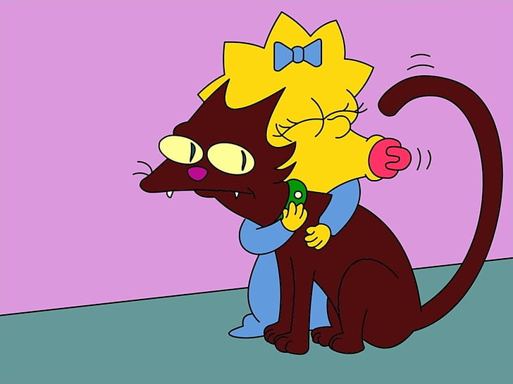 Illustration der braunen und schwarzen Charaktere, die Simpsons, Katze, Maggie Simpson, umarmend, Schneeball, HD-Hintergrundbild