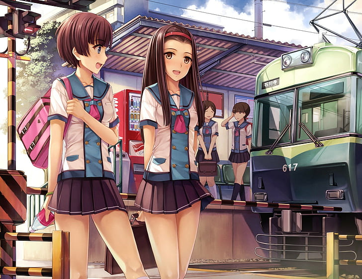 Anime kızlar, okul üniforması, tren, demiryolu geçişi, anime kızlar, okul üniforması, tren, demiryolu geçişi, 1750x1350, HD masaüstü duvar kağıdı